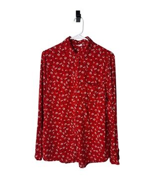 BEACHLUNCHLOUNGE Women’s Red White Flowers Long Sleeve Button Up Boho Blouse L